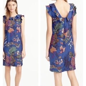 J.Crew Silk Blue Ruffle Tropical Floral Dress Size 00 Flower Vacation Flaw Read